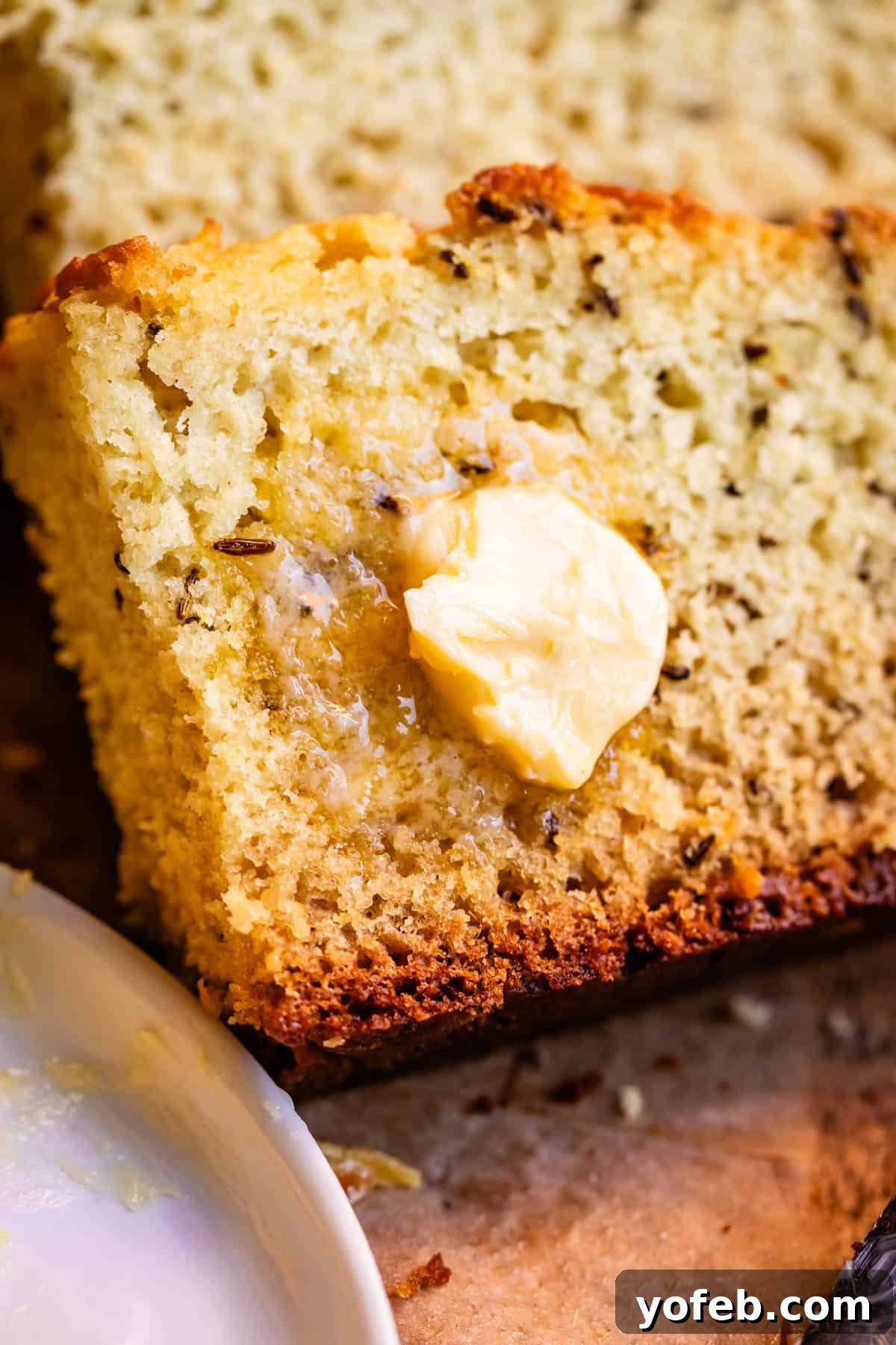 Pure Irish Soda Bread Perfection 4 Close up of slice of Irish soda bread showing caraway seed with melting pat of butter.