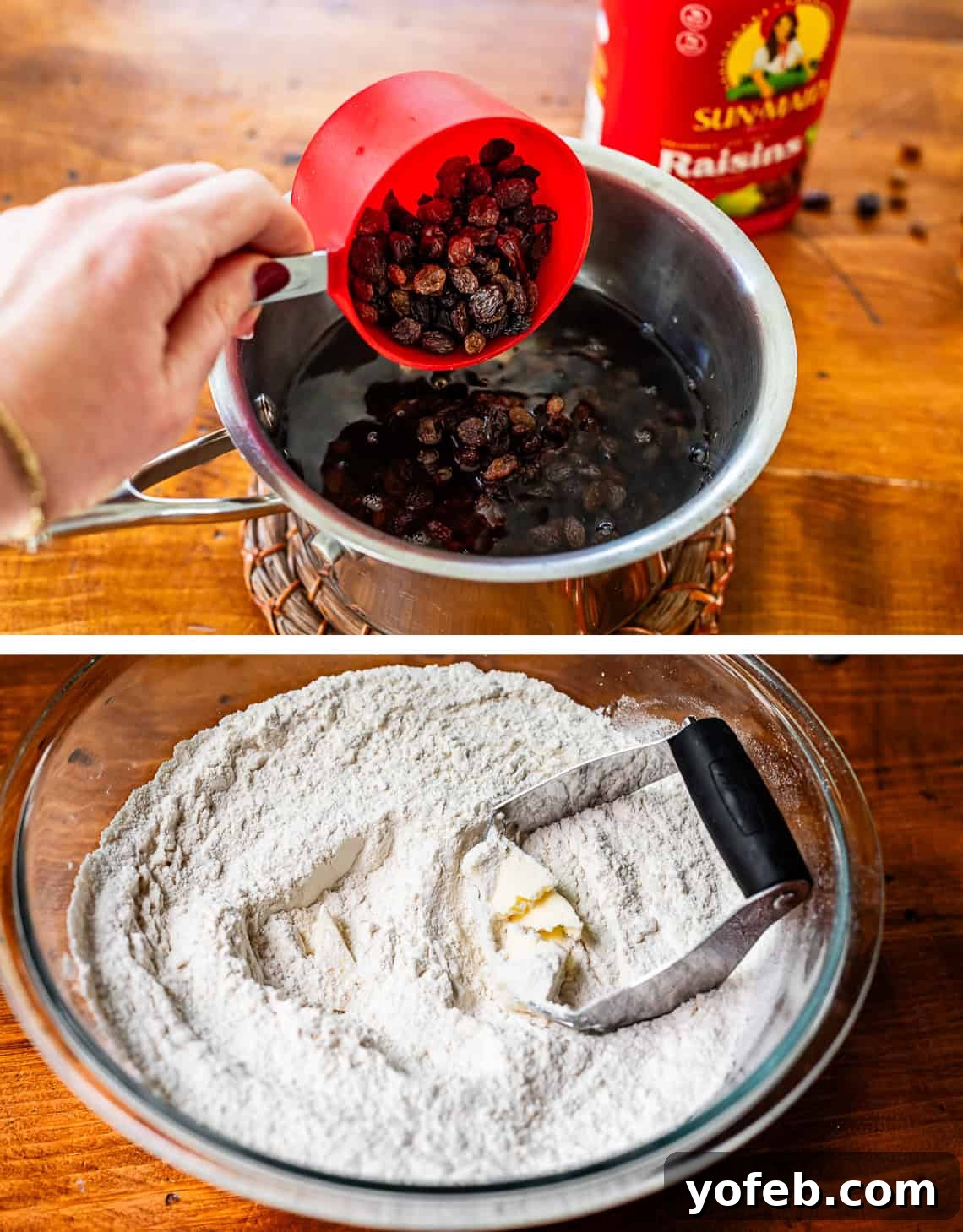 Pure Irish Soda Bread Perfection 8 Prepping raisins and dried cherries to be plumped, and cutting butter into dry ingredients using pastry cutter.