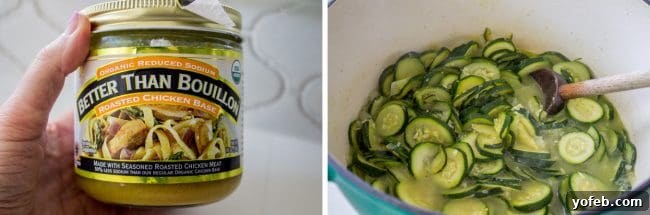 Zucchini Velvet with a Pop of Corn 7 Better Than Bouillon chicken base being added to cooking zucchini and broth.
