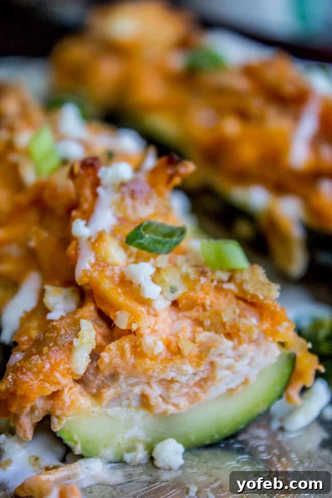 Fiery Buffalo Chicken Zucchini Boats 9 Zucchini boat stuffed with buffalo chicken, topped with Ritz crackers, ranch dressing and scallions.