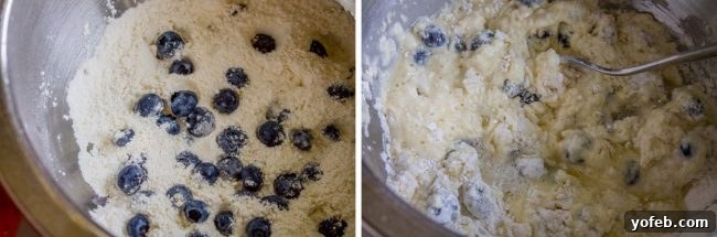 Homemade Pancake Muffins 6 Mixing the blueberry muffin batter carefully, avoiding overmixing for tender results.