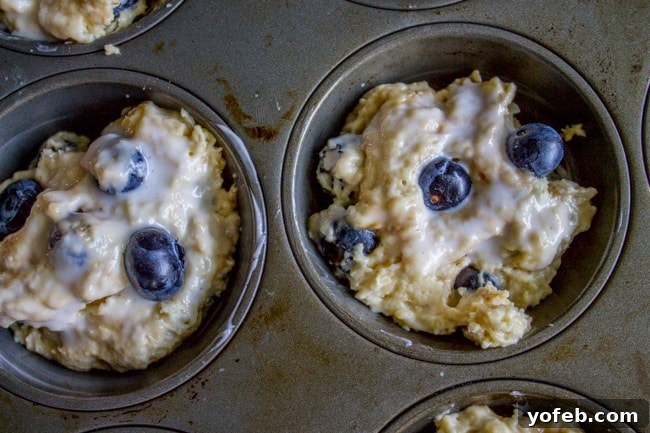 Homemade Pancake Muffins 7 Blueberry muffin batter perfectly scooped into a muffin tin, ready for baking.