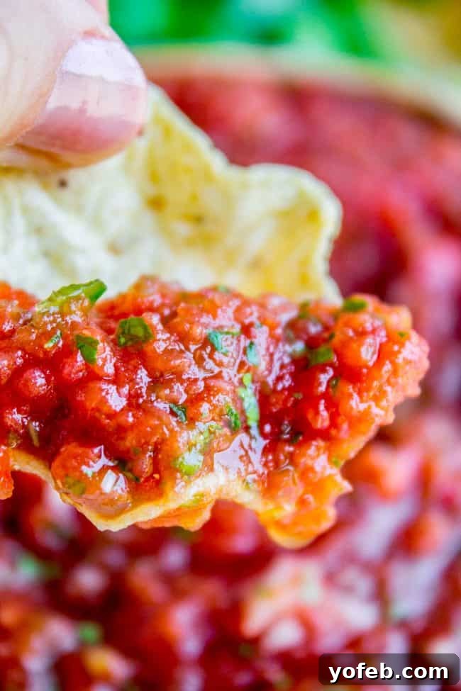 Salsa in 5: Restaurant Flavor for Your Best Taco Tuesday Yet 11 Close up of a hand dipping a tortilla chip into salsa.