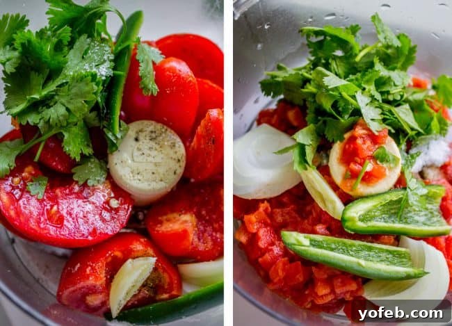 Salsa in 5: Restaurant Flavor for Your Best Taco Tuesday Yet 12 cilantro, jalapeno, onions, tomato, and garlic in a bowl.