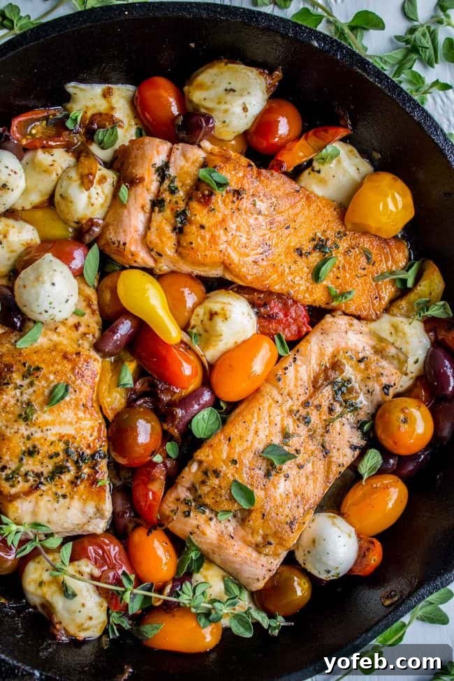 Pan-Seared Salmon with Cherry Tomatoes and Mozzarella (30 Minutes) from The Food Charlatan