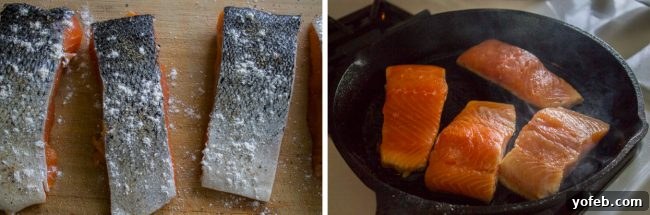 Speedy Pan-Seared Salmon with Burst Tomatoes and Melted Mozzarella 7 Chef searing skin-on salmon fillets in a hot cast iron skillet, creating a beautiful crust.