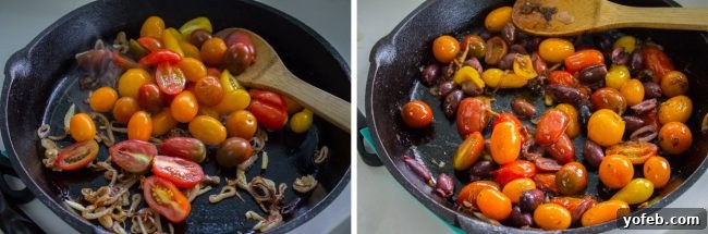 Speedy Pan-Seared Salmon with Burst Tomatoes and Melted Mozzarella 8 Cherry tomatoes, onions, and Kalamata olives sautéing in a cast iron skillet, developing rich flavors.