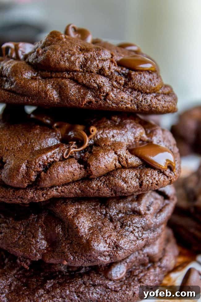 Decadent Double Chocolate Chip Cookies 4 A neatly stacked tower of thick, soft, dark chocolate cookies, showcasing their impressive height and rich color.