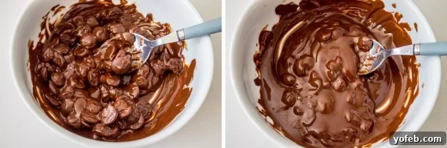 Decadent Double Chocolate Chip Cookies 7 Melted dark chocolate being stirred smoothly in a white bowl, showcasing its glossy texture and rich color.