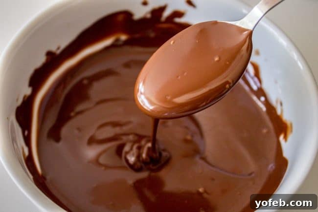 Decadent Double Chocolate Chip Cookies 8 A spoonful of rich, melted dark chocolate dripping back into a white bowl, highlighting its smooth, viscous consistency.