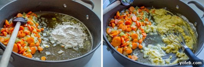 How to make chicken pot pie: Adding flour for the roux. Flour for making chicken pot pie roux, a crucial step for creamy sauce