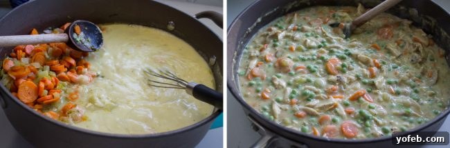 Mixing chicken pot pie filling: Creamy sauce with chicken and fresh vegetables. Mixing creamy chicken pot pie filling in a skillet with chicken and vegetables