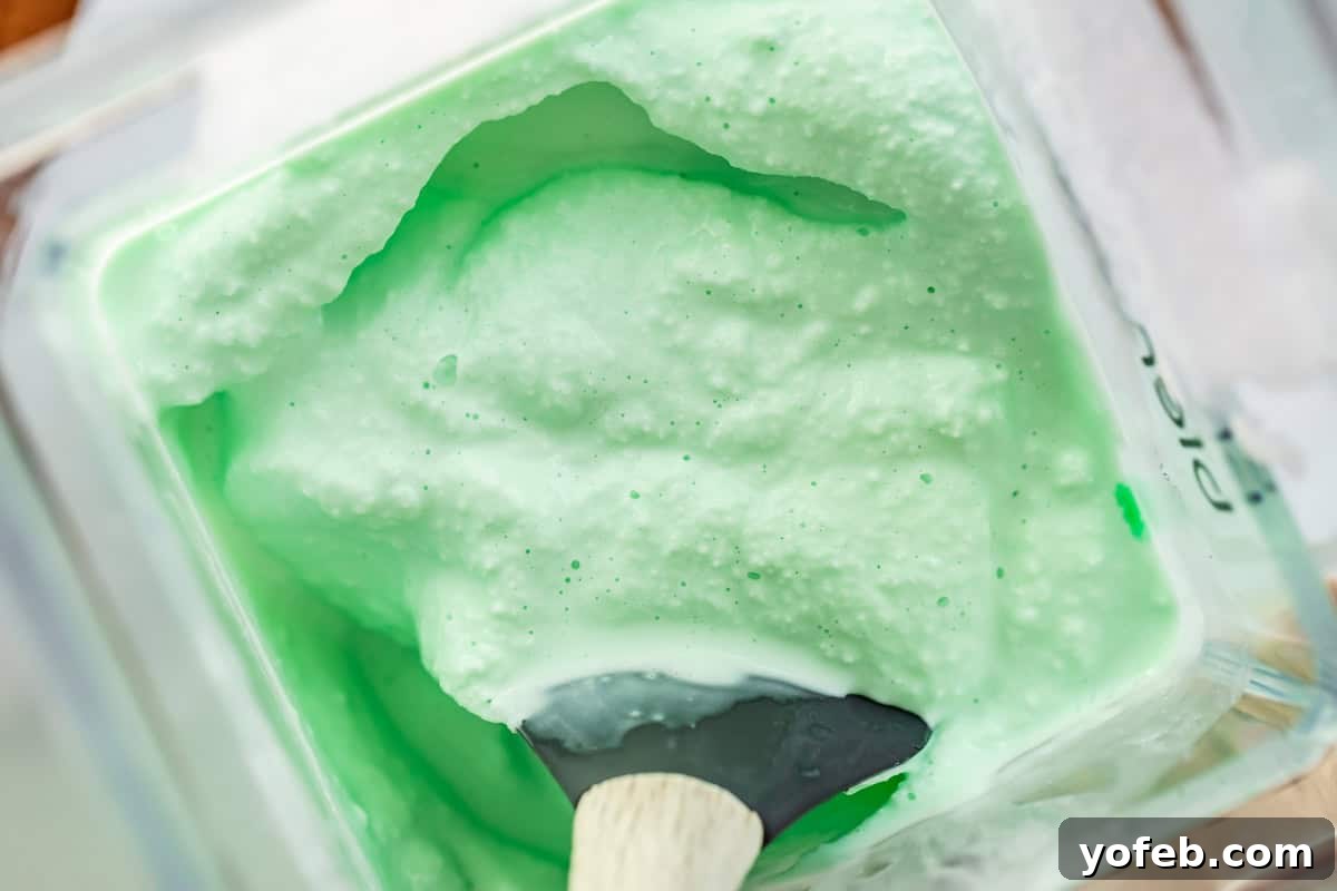 Leprechaun's Delight Shake 11 A spatula lifting up a portion of the blended green shake from inside the plastic blender bowl, showing its smooth consistency.