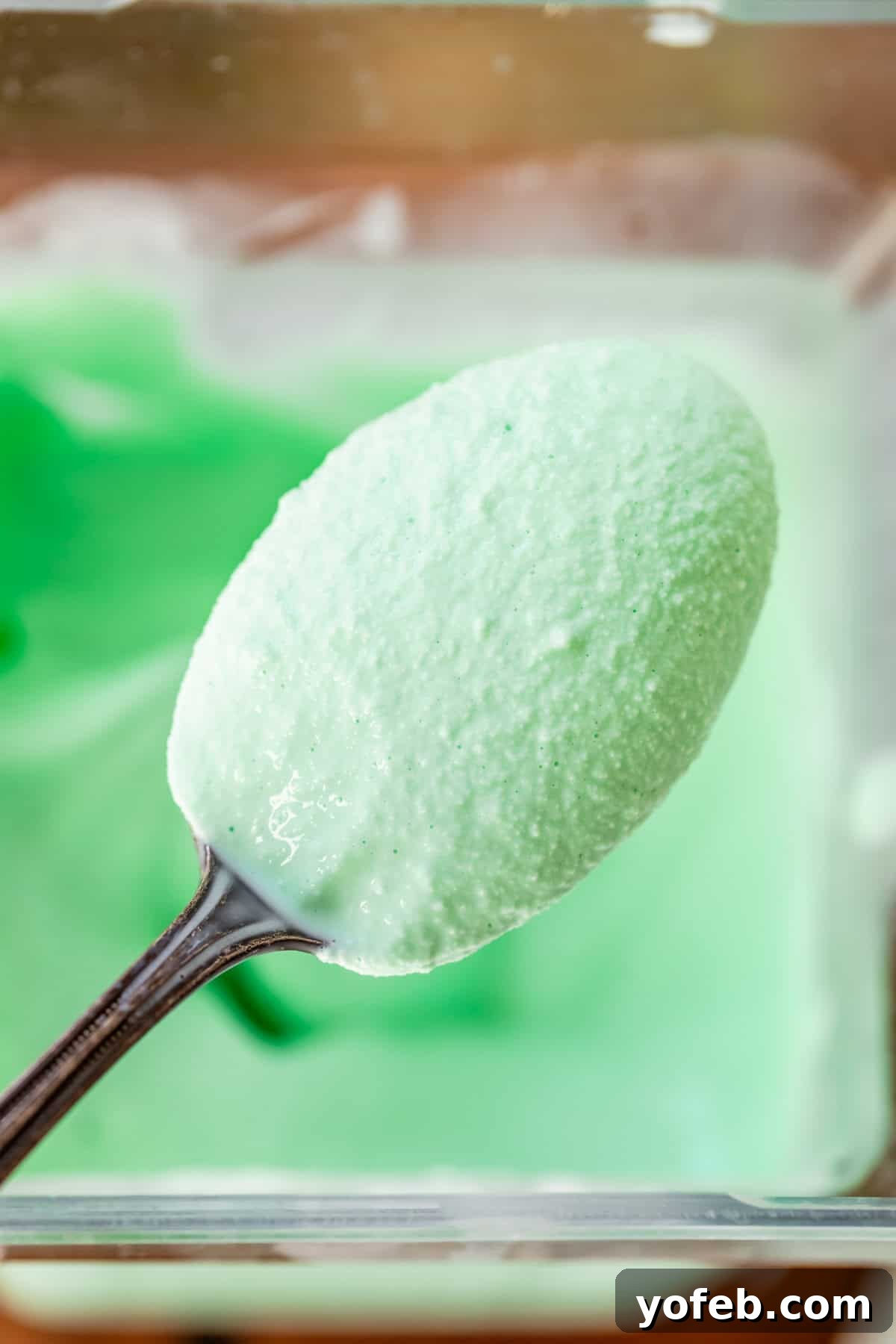 Leprechaun's Delight Shake 12 A spoon holds a creamy bite of Shamrock Shake over the blender, inviting a taste test. The shake in the blender looks perfectly smooth and green.
