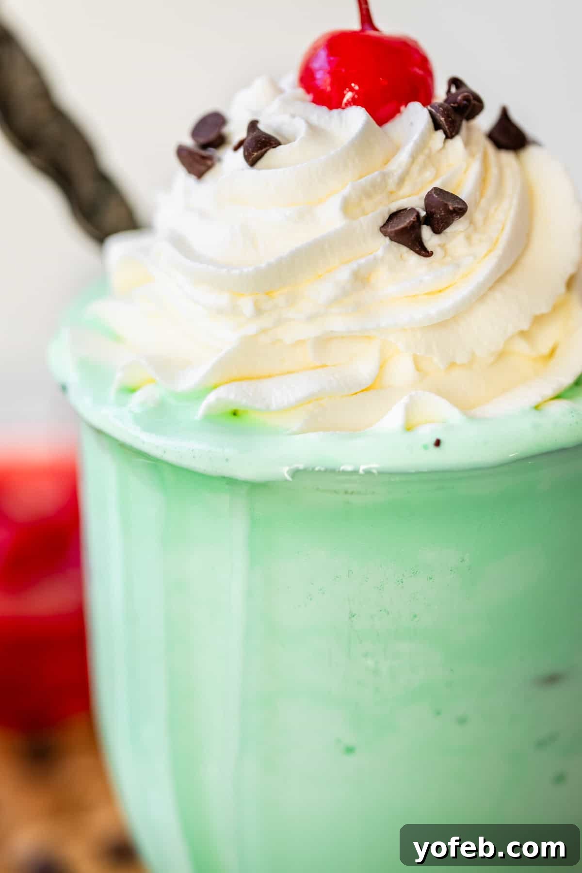 Leprechaun's Delight Shake 5 A glass filled with a bright green Shamrock Shake, generously topped with piped whipped cream, a maraschino cherry, and a sprinkle of mini chocolate chips, offering a decadent look.