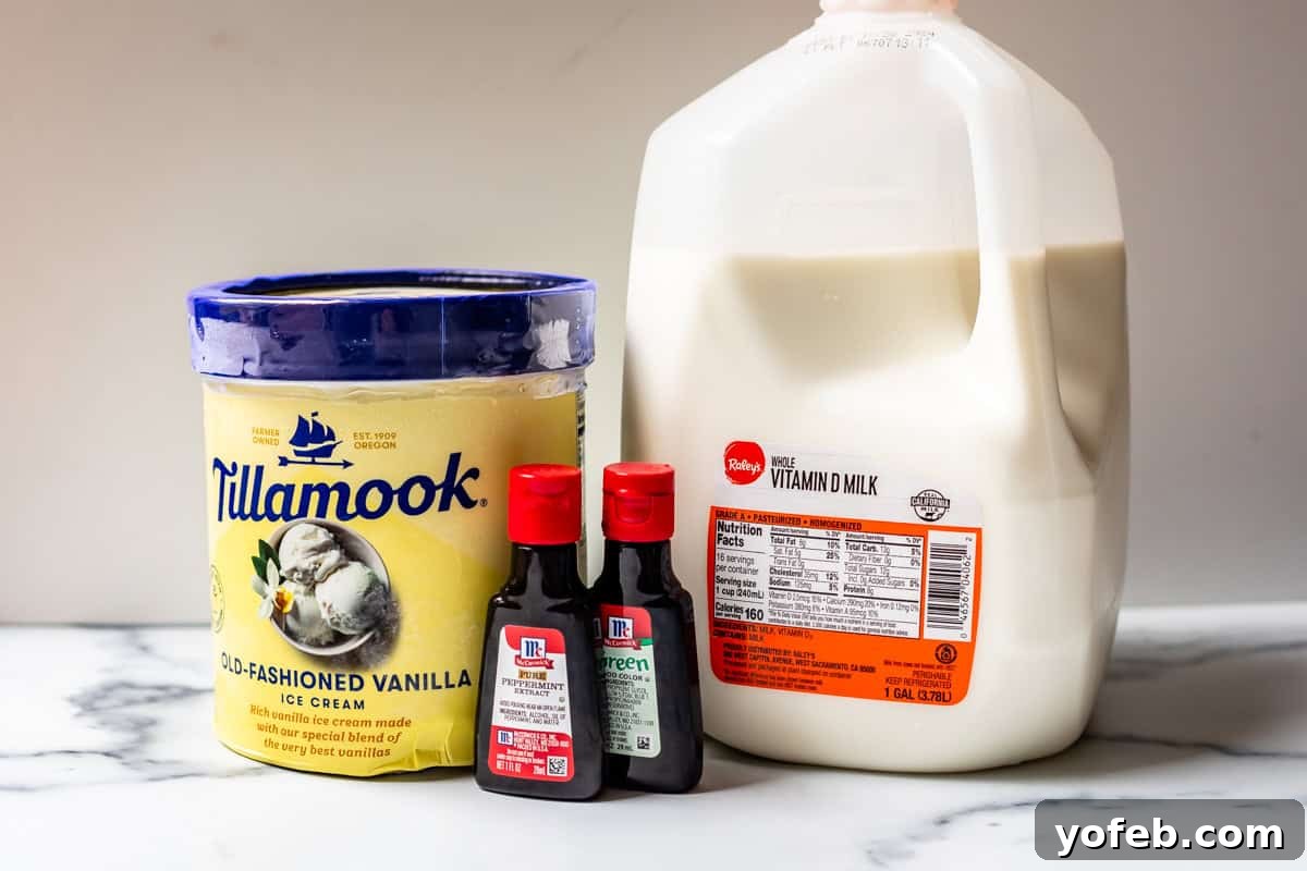 Leprechaun's Delight Shake 7 Ingredients for Shamrock Shake laid out: a tub of vanilla ice cream, a measuring cup of whole milk, a bottle of peppermint extract, and green food coloring. Simple and clear.