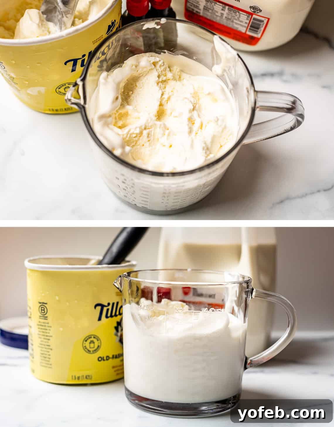 Leprechaun's Delight Shake 8 Top image shows softened vanilla ice cream in a liquid measuring cup, while the bottom image shows the ice cream container next to the filled cup, demonstrating the scooping process.