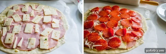 The Ultimate Homemade Stromboli 6 homemade pizza dough rolled out to make stromboli with meat and cheese toppings.