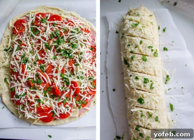 The Ultimate Homemade Stromboli 8 Rolled up stromboli topped with cheese and fresh parsley, sliced diagonally.