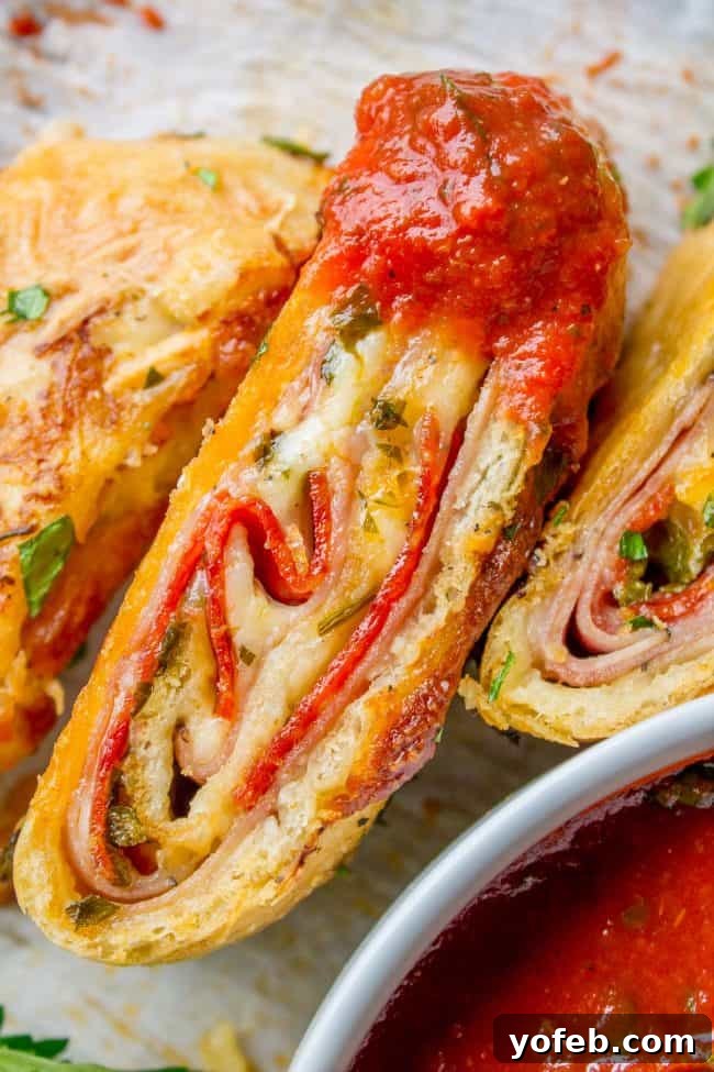 The Ultimate Homemade Stromboli 10 Sliced meat and cheese filled stromboli dipped in marinara sauce.