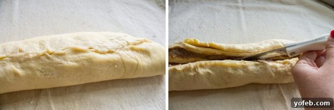 Maple Butter Morning Twist 9 Using a serrated knife to cut the filled dough roll lengthwise, preparing it for the twist.