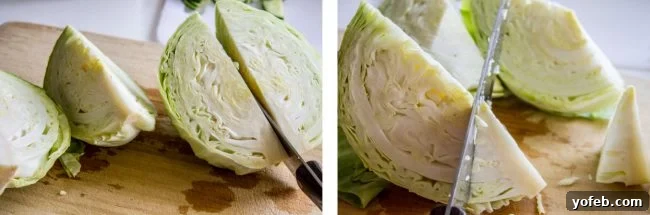 Crispy Fish atop Zesty Asian Slaw 9 Coring a head of cabbage to prepare for shredding.