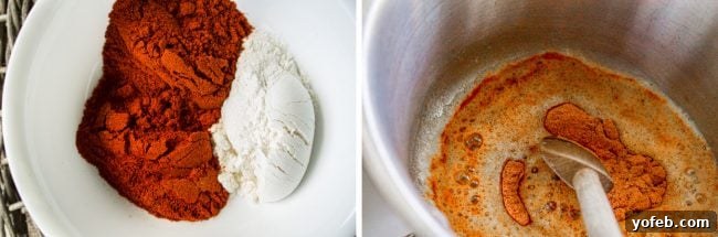 Speedy Homemade Enchilada Sauce 6 A visual guide showing chili powders and other spices being added to a bowl, followed by the blooming of spices in a hot pan to form a fragrant roux.