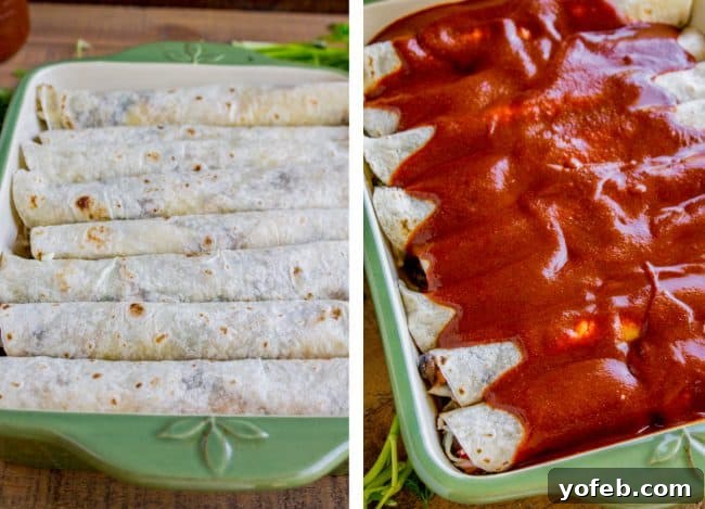 A baking dish with rolled enchiladas neatly arranged, followed by a depiction of enchilada sauce being poured over them.