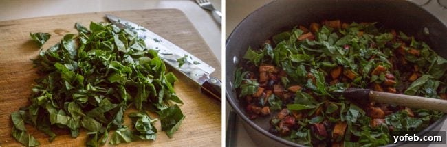 A two-part image showing fresh spinach being chopped, then added to the sweet potato and black bean mixture in a skillet, ready to be incorporated.