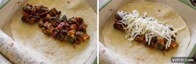 A visual guide showing sweet potato and black bean filling being placed onto a tortilla, followed by shredded cheese, demonstrating the assembly process.