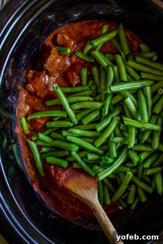 Tender Lebanese Beef and Green Bean Braise 10 Lebanese Lubee served in a bowl with rice