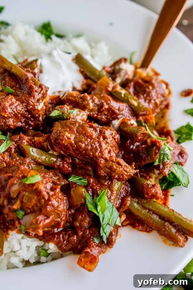 Tender Lebanese Beef and Green Bean Braise 6 Close-up of Lebanese Lubee in a bowl, with a spoon