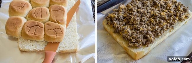 Irresistible Mini Burgers 6 Slicing Hawaiian rolls horizontally and spreading cheesy beef mixture onto the bottom half.