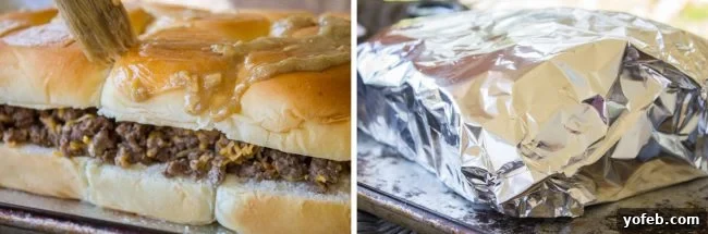 Irresistible Mini Burgers 7 Brushing butter glaze onto the top of the sliders and wrapping them in aluminum foil for baking.