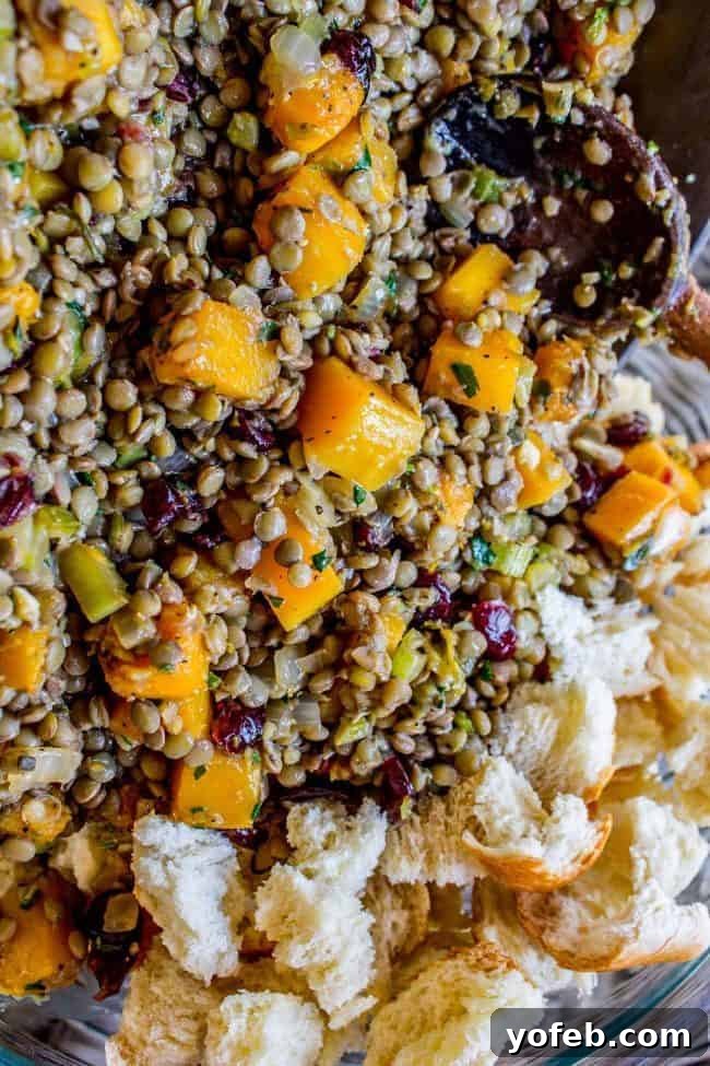 Autumn Harvest Butternut, Cranberry & Lentil Bake 6 Butternut Squash, Cranberry, and Lentil Stuffing from The Food Charlatan