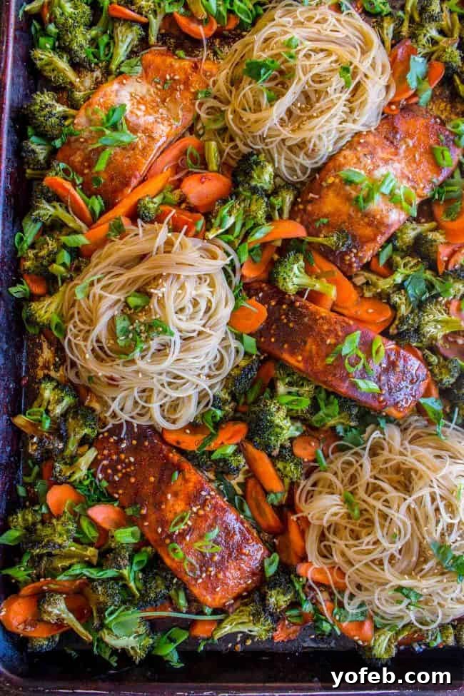 Sheet Pan Asian Salmon with Broccoli, Carrots, and Rice Noodles