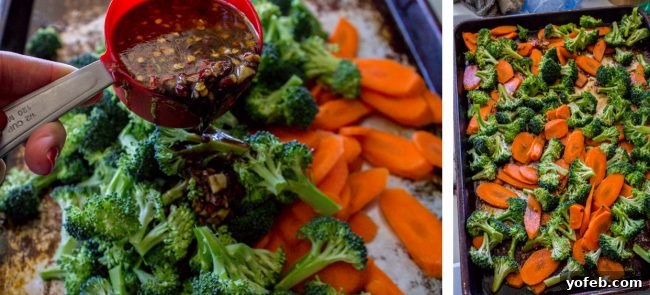 One Pan Asian Sesame Salmon with Noodles and Roasted Veggies 9 Pouring Asian sauce over vegetables on a sheet pan