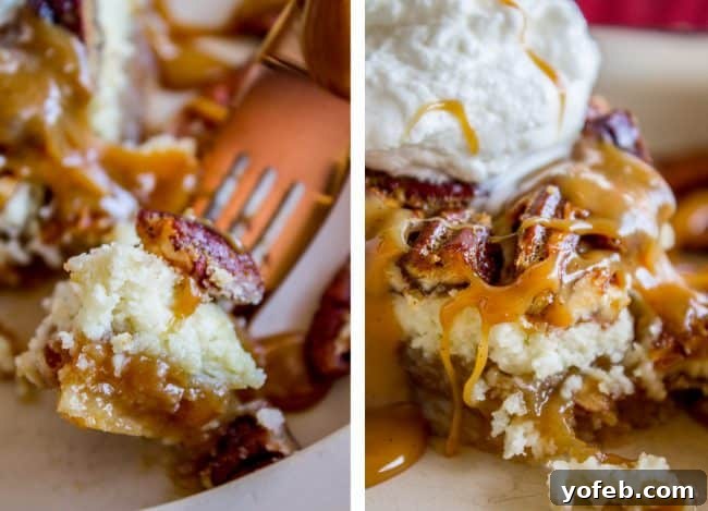Decadent Pecan Cheesecake Pie 5 A fork taking a bite from a slice of Cheesecake Pecan Pie, showing the distinct layers of crust, cheesecake, and pecan, topped with whipped cream and caramel sauce.