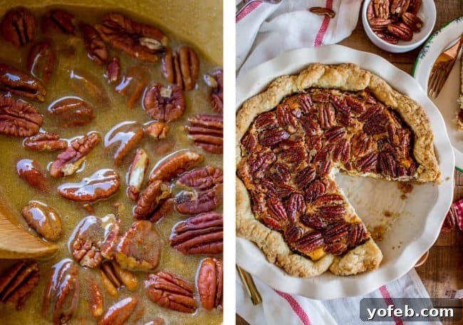 Decadent Pecan Cheesecake Pie 9 Pecan pie filling, rich and golden with whole pecans, is carefully spooned into a pie crust, illustrating the layering process.