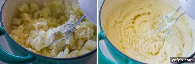 Whipping Creamy Mashed Potatoes with an Electric Mixer An electric hand mixer actively blending cooked potatoes with added ingredients in a large pot, creating a smooth, creamy texture.