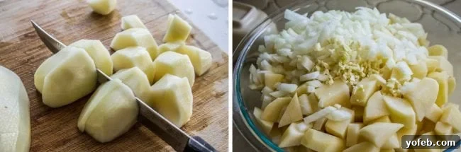 Potatoes, Onion, and Garlic Ready for Boiling Chopped peeled potatoes, sliced onions, and minced garlic are placed together in a large glass bowl, ready for cooking.