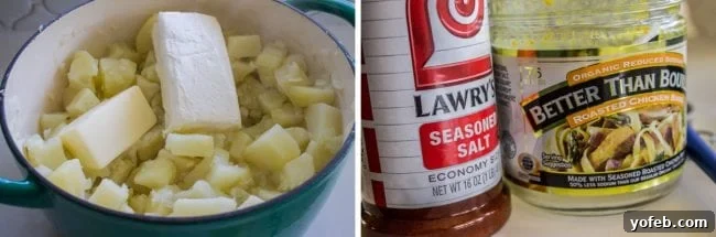 Adding Key Ingredients to Mashed Potatoes Cooked potatoes, onions, and garlic in a pot, with butter, cream cheese, Lawry's seasoned salt, and Better Than Bouillon chicken base being added.