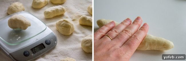 Ensuring perfectly even garlic knots by weighing each dough portion. Dough pieces weighed for uniform garlic knot sizes before shaping.