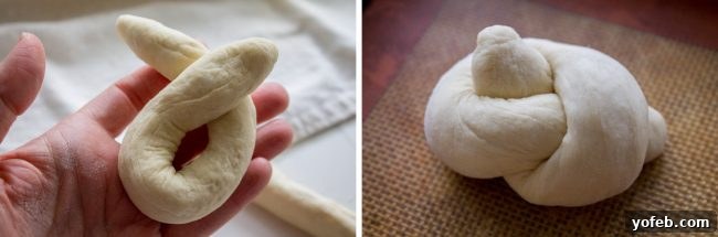The simple technique of tying dough into charming garlic knots. Hands demonstrating how to tie a dough strip into a neat garlic knot.