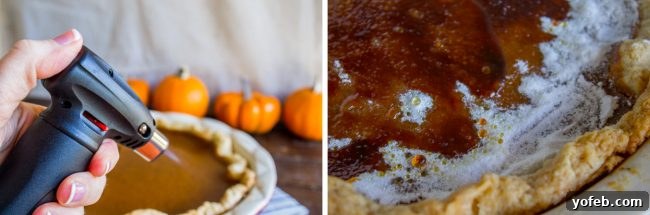 A Decadent Pumpkin Pie with Crème Brulée 12 using a kitchen torch to brulee sugar topping on pumpkin pie.