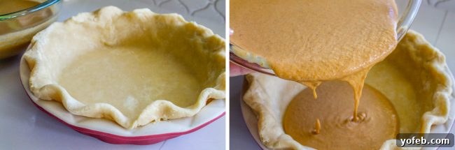 A Decadent Pumpkin Pie with Crème Brulée 10 an unbaked homemade pie crust, pouring homemade pumpkin filling into the crust.