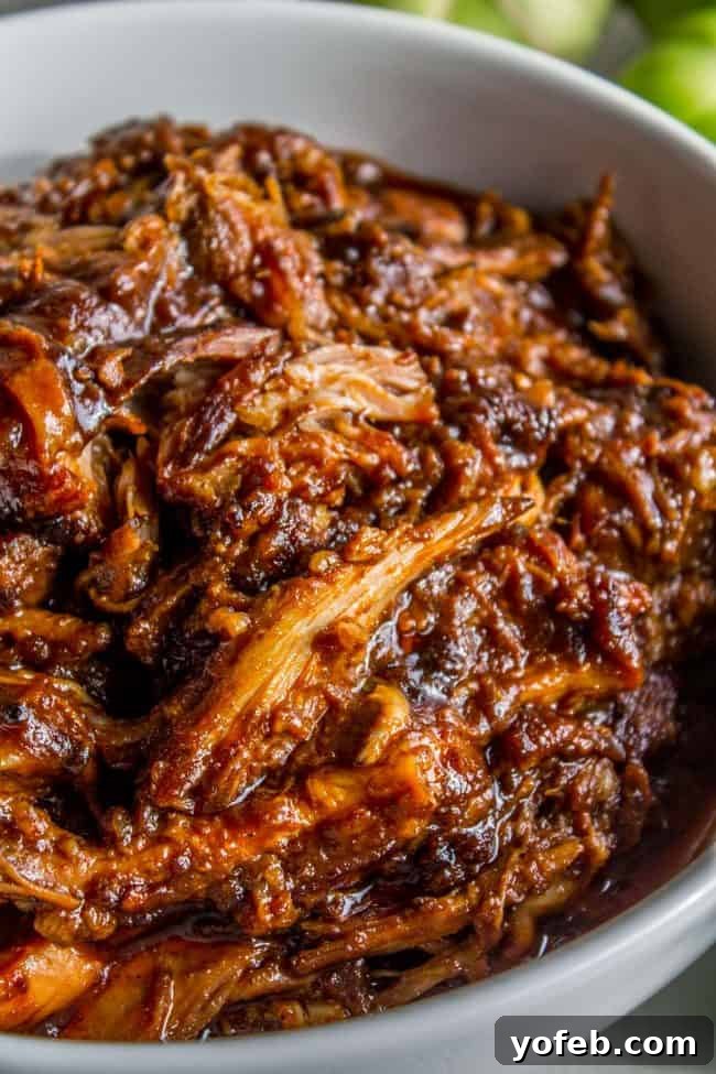 Cafe Rio-Style Sweet Shredded Pork Burrito Filling (Slow Cooker & Instant Pot) 4 A large metal bowl filled with succulent shredded pork, glistening with its signature sweet and savory sauce, awaiting its next culinary adventure.