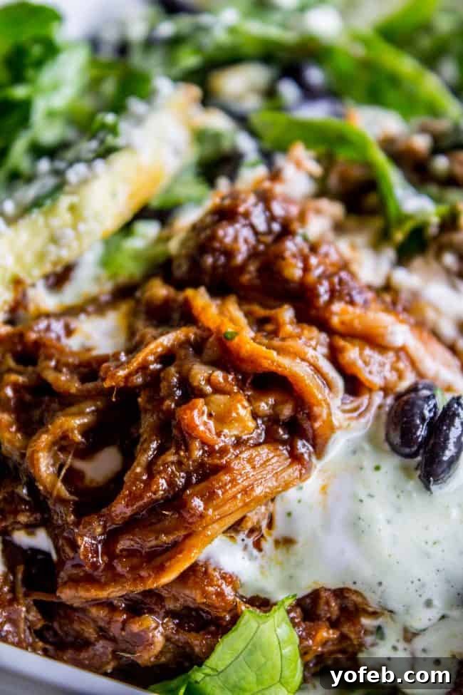 Cafe Rio-Style Sweet Shredded Pork Burrito Filling (Slow Cooker & Instant Pot) 6 A vibrant Cafe Rio sweet pork burrito, bursting with flavor and generously topped with the creamy Cilantro-Tomatillo Ranch dressing.