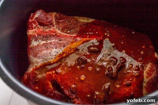 Cafe Rio-Style Sweet Shredded Pork Burrito Filling (Slow Cooker & Instant Pot) 9 Pork chunks expertly layered with the rich Adobo sauce mixture inside an Instant Pot, demonstrating the correct placement for optimal cooking.