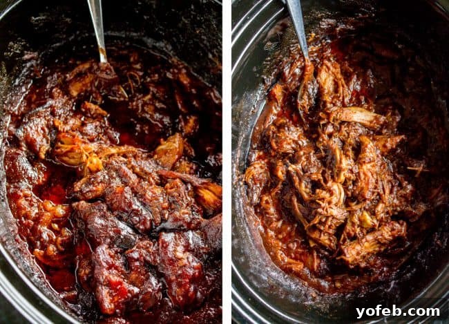 Cafe Rio-Style Sweet Shredded Pork Burrito Filling (Slow Cooker & Instant Pot) 10 Tender shredded pork simmering in a slow cooker, absorbing the rich, sweet, and savory sauce.